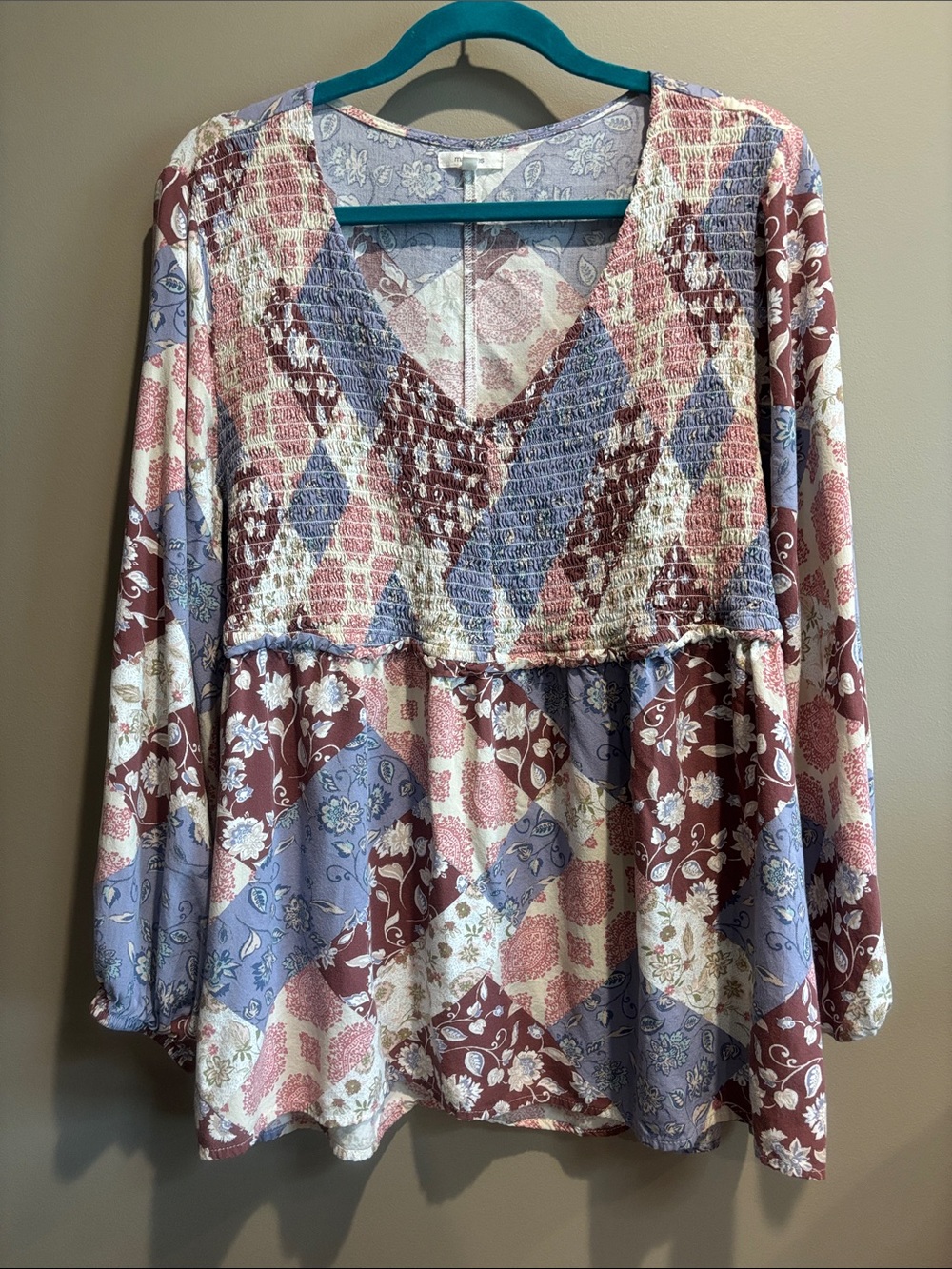 Maurices Patchwork Floral Smocked V-Neck Tunic in Mauve and Dusty Blue